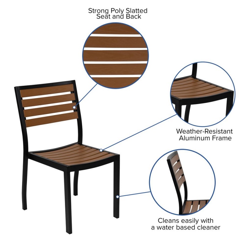 5 Piece Patio Table Set - Synthetic Teak Poly Slats - 35" Square Steel Framed Table With 4 Stackable Faux Teak Chairs