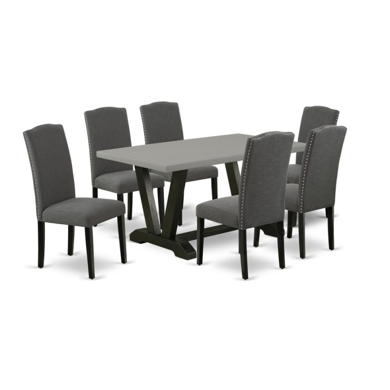 East West Furniture V696en120-7 7-Pc Dining Room Set - 6 Dining Room Chairs And 1 Modern Rectangular Cement Dining Room Table With High Stylish Chair Back - Wire Brushed Black Finish