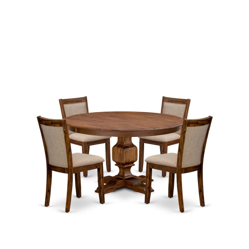 5-Pc Dining Room Set of a Pedestal Kitchen Table, 4 Light Tan Fabric Chairs