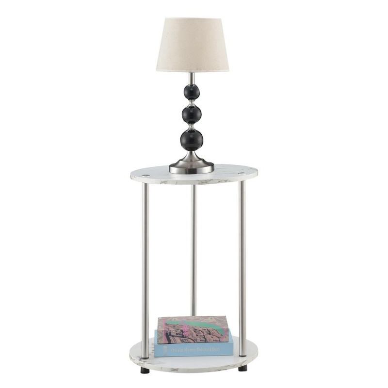 Designs2go No Tools 2 Tier Round End Table, Faux White Marble/Chrome