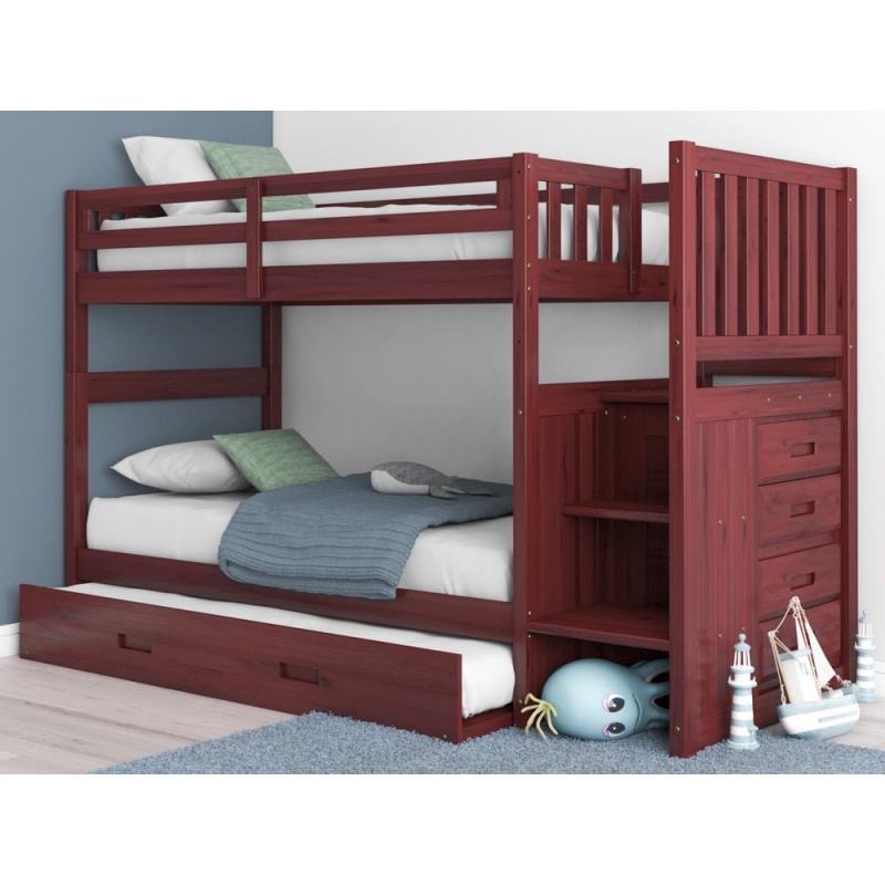 Os Home And Office Furniture Model Solid Pine Mission Staircase Twin Over Twin Bunk Bed With Four Drawer Chest And Roll Out Twin Trundle Bed In Rich Merlot