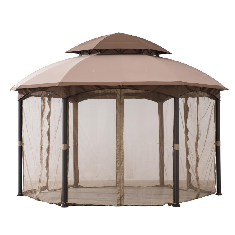 Sunjoy 13.5 Ft. X 13.5 Ft. Brown Steel Gazebo With 2-Tier Tan And Brown Dome Canopy