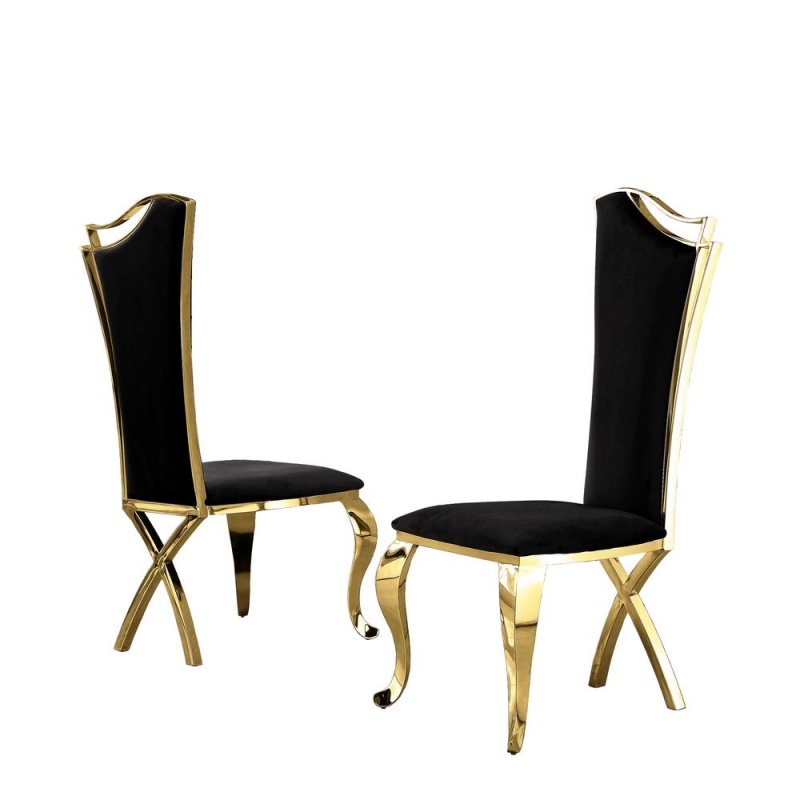 Black Velvet Side Chair Set Of 2, Stainless Steel Gold Legs
