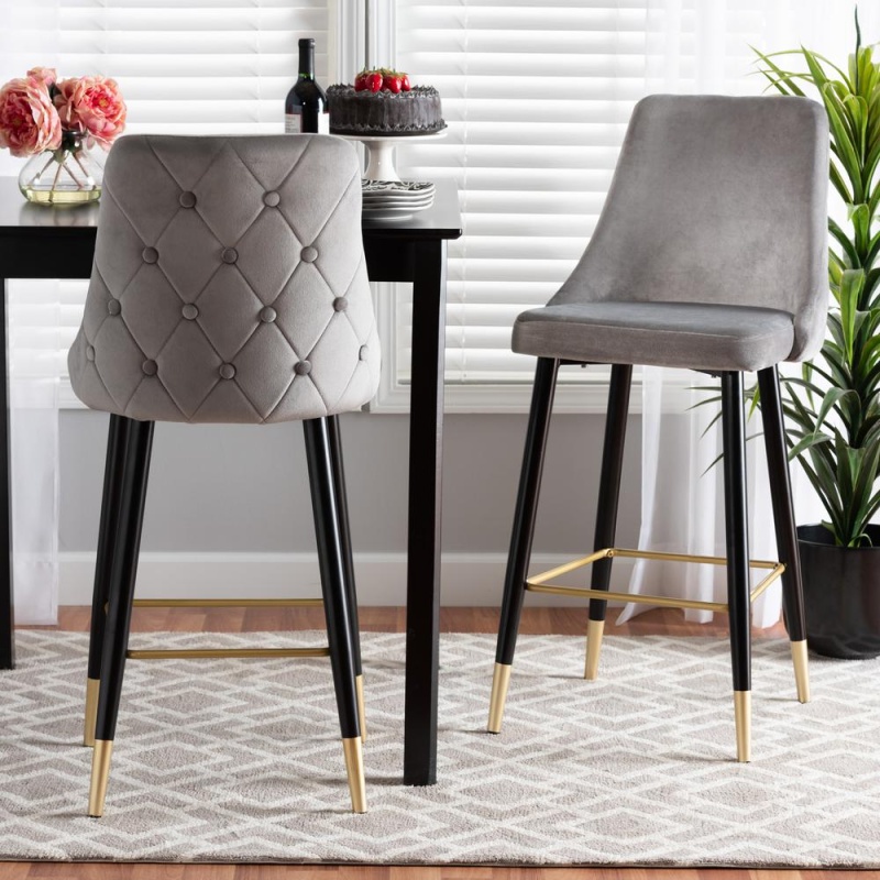 Baxton Studio Giada Contemporary Glam And Luxe Grey Velvet Fabric And Dark Brown Finished Wood 2-Piece Bar Stool Set
