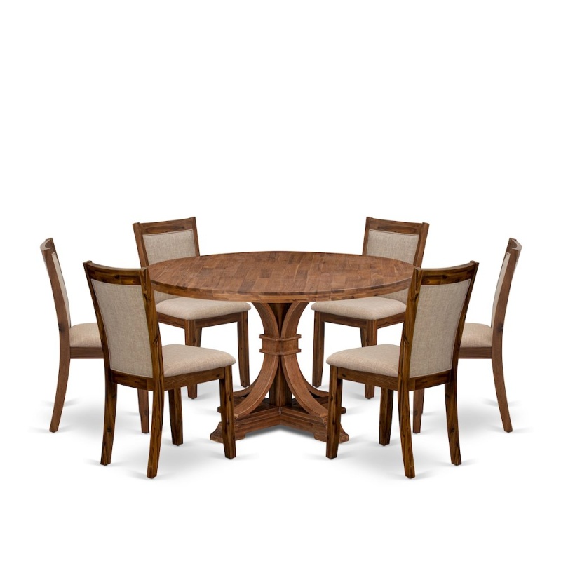 7-Pc Dining Set with Pedestal Table and 6 Light Tan Fabric Chairs
