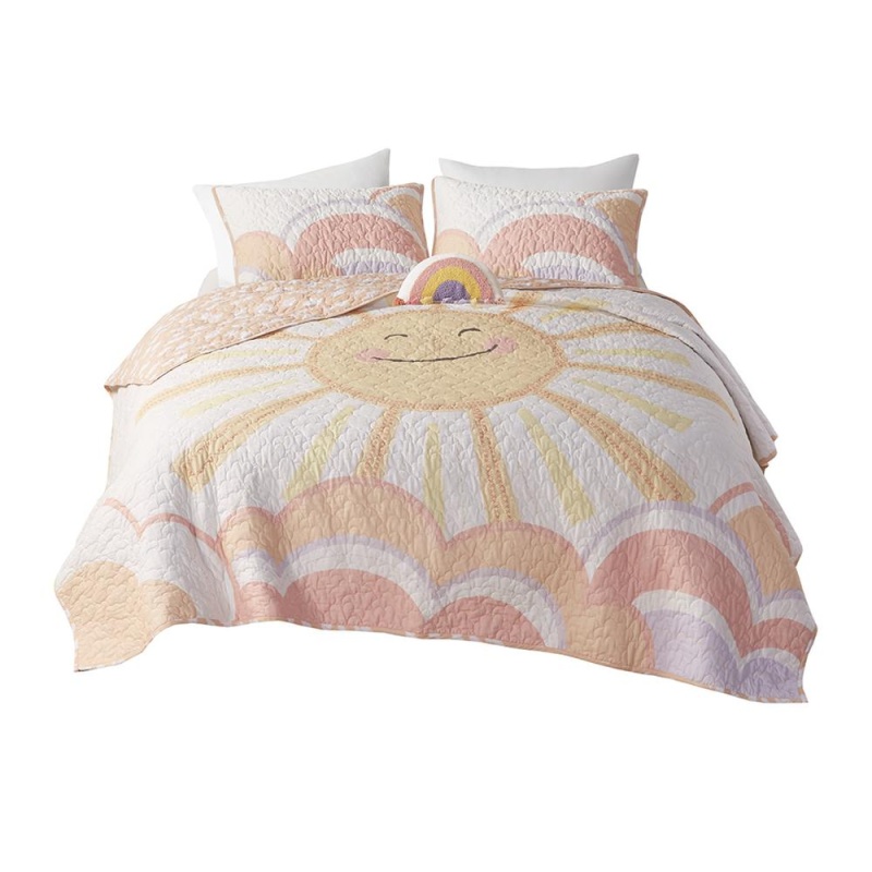 Reversible Sunshine Printed Cotton Quilt Set With Throw Pillow