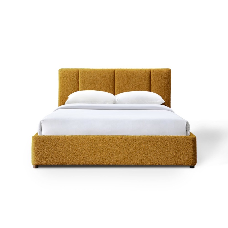 Venice Upholstered Platform Queen Bed in Mustard Boucle Fabric