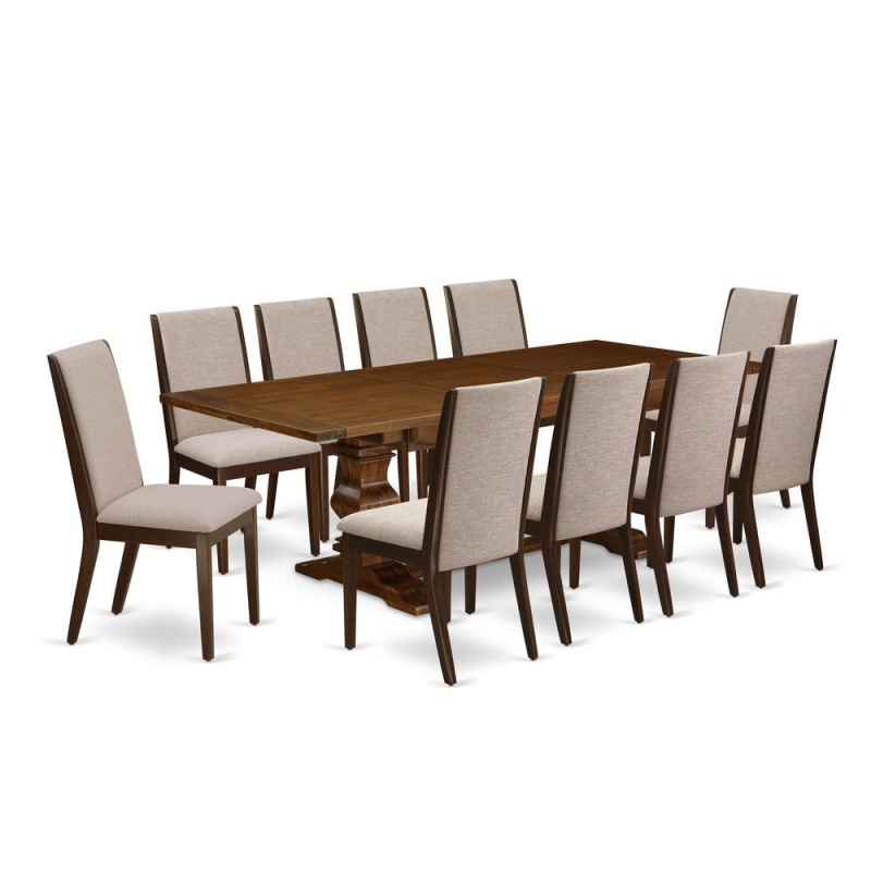 East West Furniture 11-Pieces Dining Set - A Butterfly Leaf Double Pedestal Dinner Table And 10 Light Tan Linen Fabric Upholstered Dining Chairs With High Back - Antique Walnut Finish