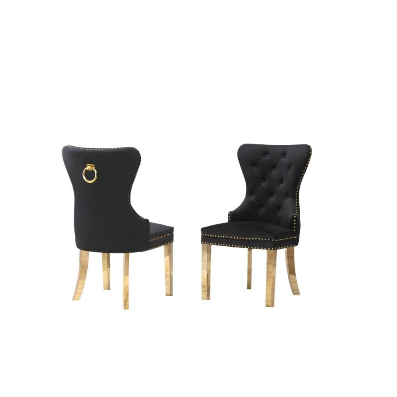Velvet Tufted Side Chair Set Of 2, Stainless Steel Gold Legs, Black