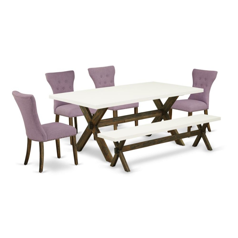 East West Furniture X727ga740-6 6-Pc Dining Room Table Set- 4 Dining Padded Chairs With Dahlia Linen Fabric Seat And Button Tufted Chair Back - Rectangular Top & Wooden Cross Legs Kitchen Table And In
