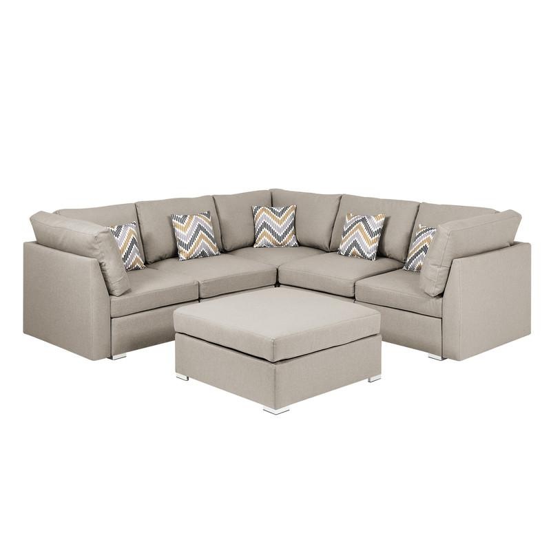 Amira Beige Fabric Reversible Sectional Sofa With Ottoman And Pillows
