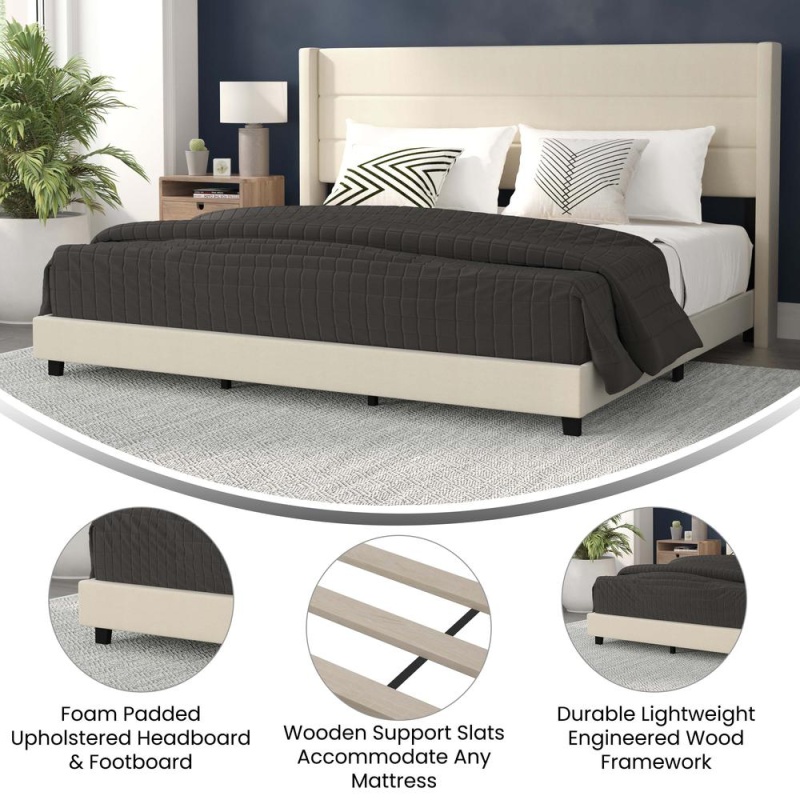 Hollis King Upholstered Platform Bed With Wingback Headboard, Mattress Foundation With Slatted Supports, No Box Spring Needed, Beige Faux Linen