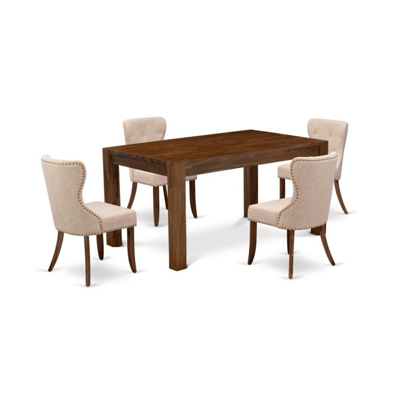 East West Furniture Cnsi5-N8-04 5-Pc Dining Room Table Set- 4 Parson Dining Chairs With Light Tan Linen Fabric Seat And Button Tufted Chair Back - Rectangular Table Top & Wooden 4 Legs - Antique Walnu
