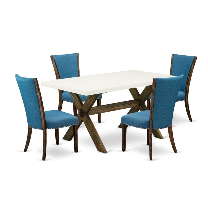 East West Furniture X726ve721-5 5Pc Dining Table Set Includes A Dining Room Table And 4 Parsons Dining Room Chairs With Blue Color Linen Fabric, Distressed Jacobean And Linen White Finish