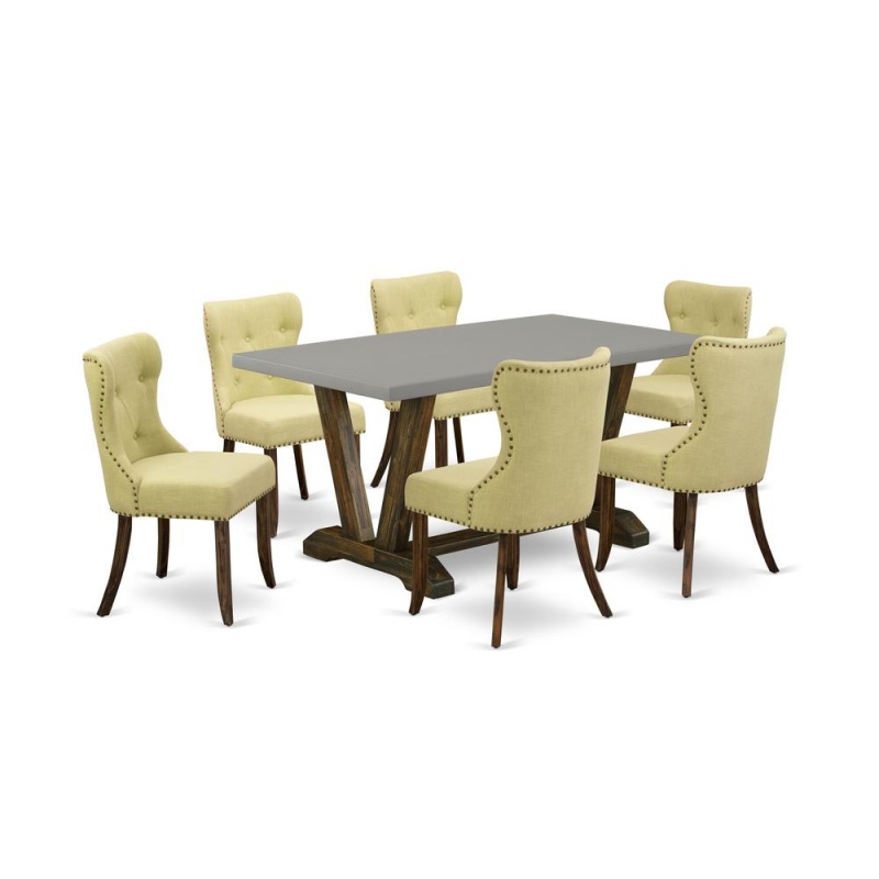 East West Furniture 7-Piece Table Dining Set-Limelight Linen Fabric Seat And Button Tufted Back Parson Chairs And Rectangular Top Living Room Table With Wood Legs - Cement And Distressed Jacobean Fini