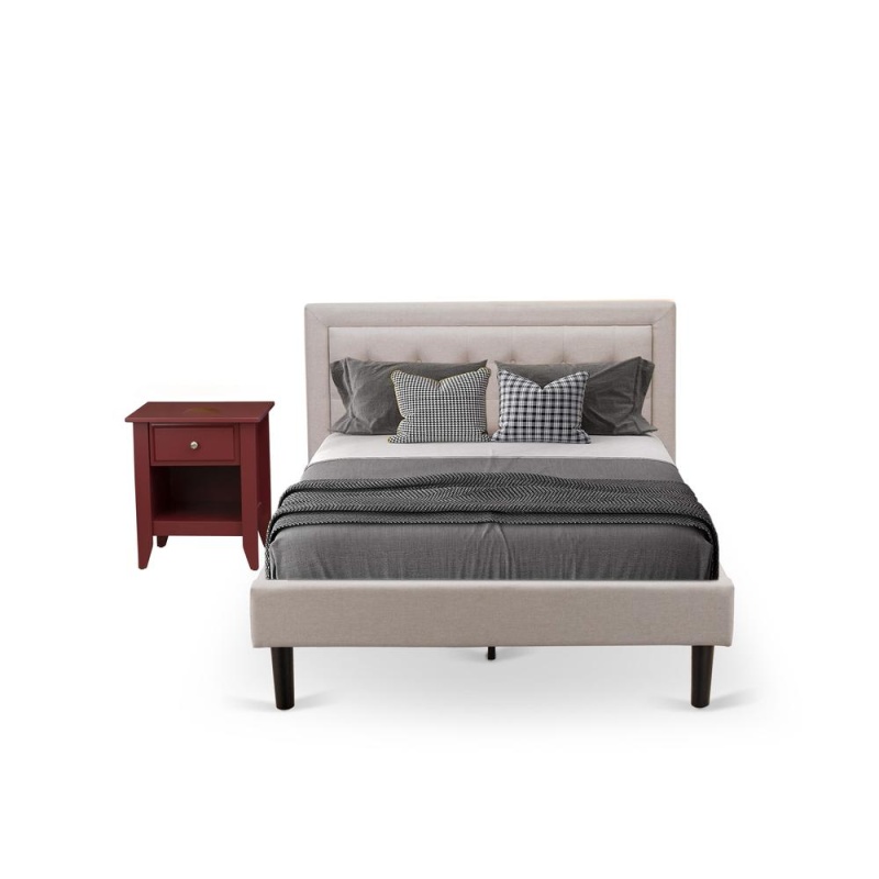 Fn08f-1Ga13 2-Piece Platform Bedroom Set With 1 Wood Bed Frame And A Mid Century Modern Nightstand - Mist Beige Linen Fabric