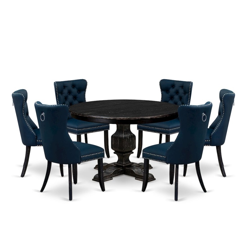 7 Piece Dining Table Set with 48" Round Table in Navy Blue