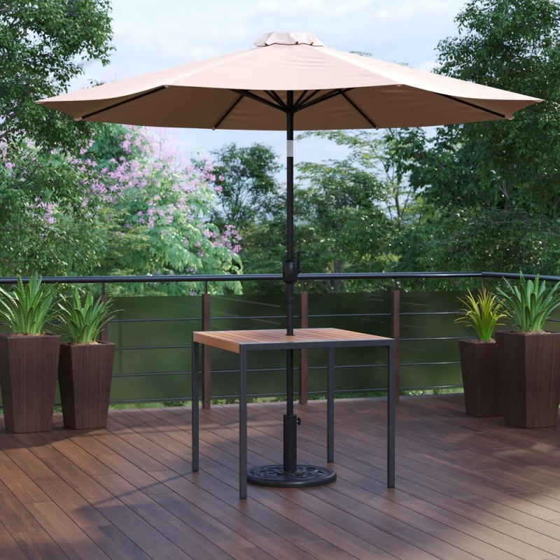 3 Piece Outdoor Patio Table Set - 35" Square Synthetic Teak Patio Table With Umbrella Hole And Tan Umbrella With Base