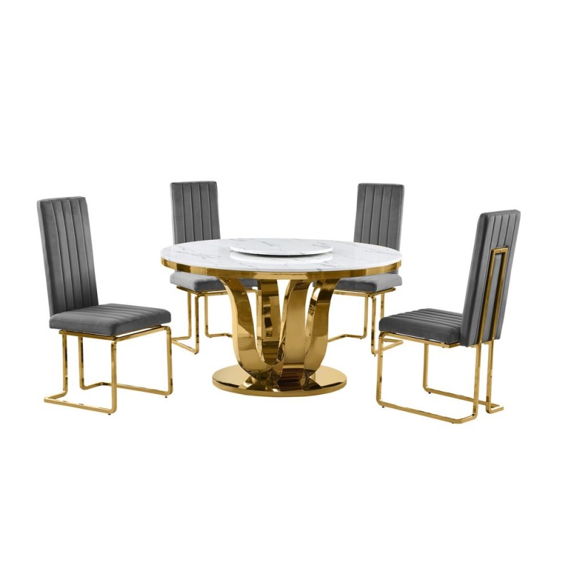 5Pc White Marble Round Dining Set With Gold Base And 4 Dark Grey Side Chairs