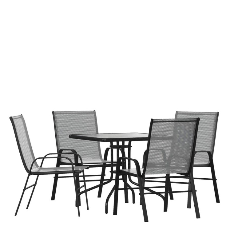 5 Piece Set - 31.5" Tempered Glass Patio Table, 4 Gray Stack Chairs