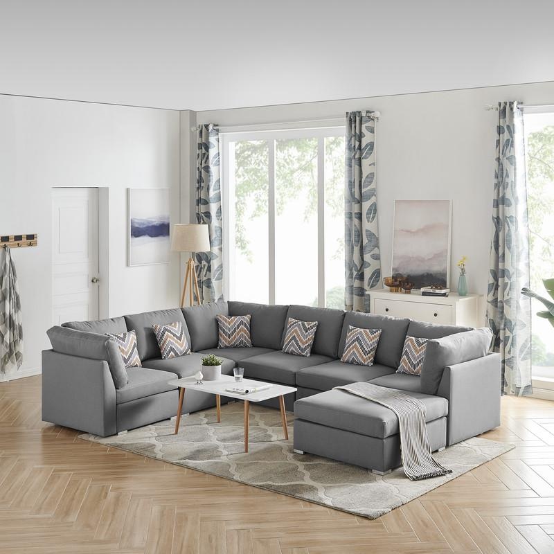 Amira Gray Fabric Reversible Modular Sectional Sofa With Ottoman And Pillows