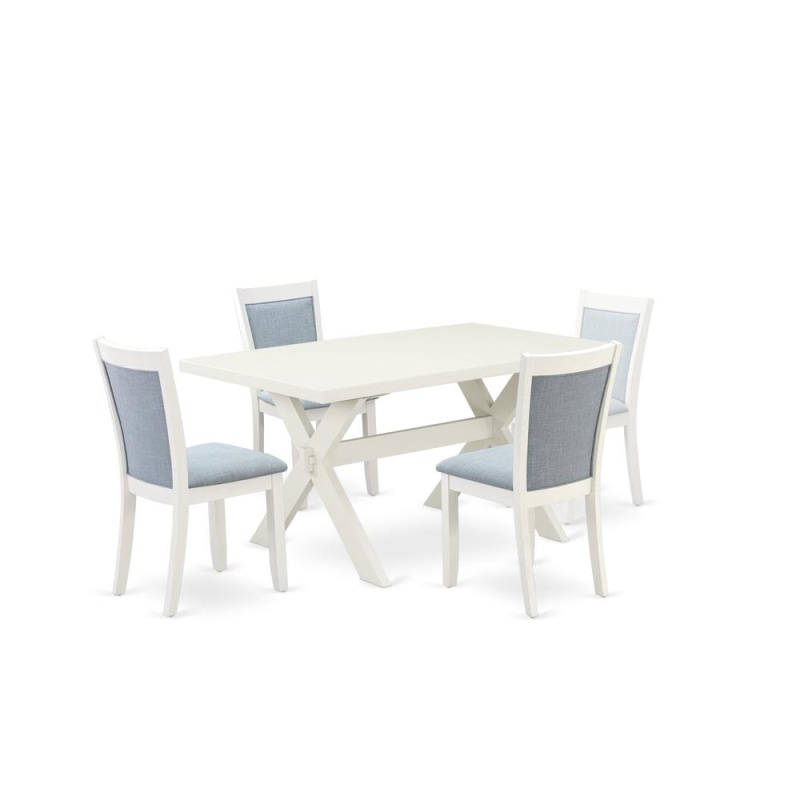 X026mz015-5 5-Piece Dining Room Table Set Contains A Dining Table And 4 Baby Blue Padded Chairs - Wire Brushed Linen White Finish