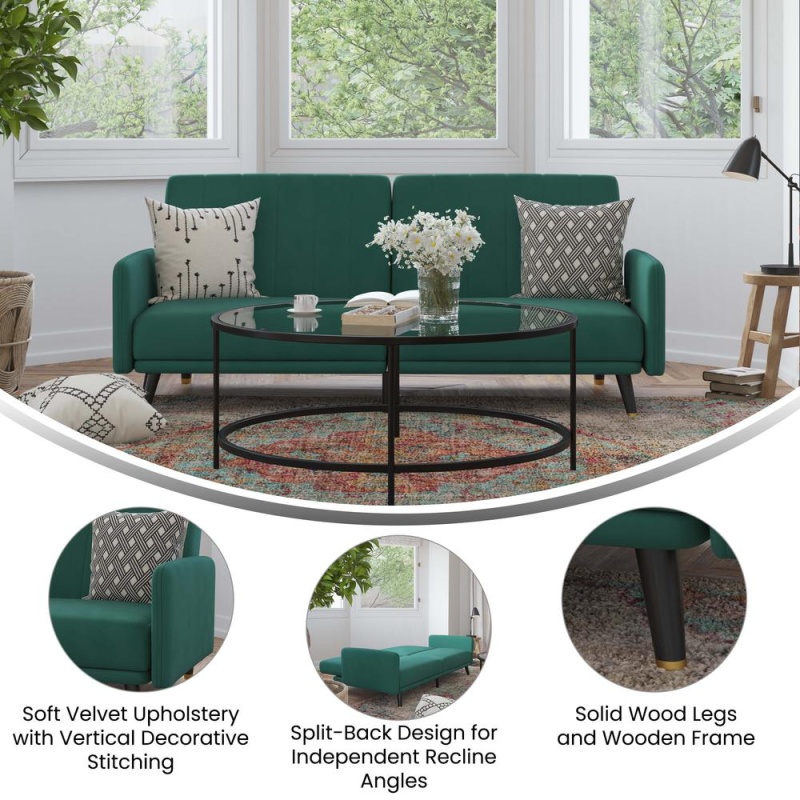 Sophia Premium Split Back Sofa Futon, Convertible Sleeper Couch For Small Spaces In Soft Emerald Velvet Upholstery With Solid Wooden Legs