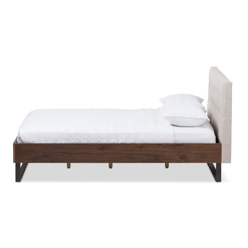 Mitchell Rustic Industrial Walnut Wood Beige Fabric Dark Bronze Metal Queen Size Platform Bed