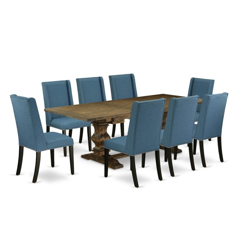 9 Piece Dining Room Furniture Set Includes A Rectangle Wooden Table With Butterfly Leaf And 8 Blue Linen Fabric Parson Dining Chairs, 42X92 Inch, Jacobean