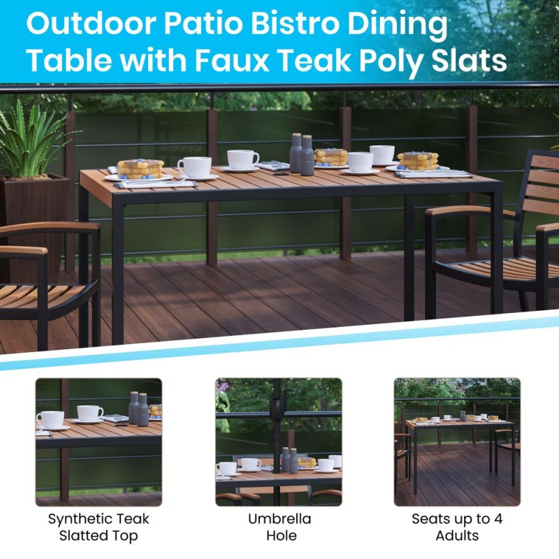 7 Piece All-Weather Deck Or Patio Set With 4 Stacking Faux Teak Chairs, 30" X 48" Faux Teak Table, Navy Umbrella & Base