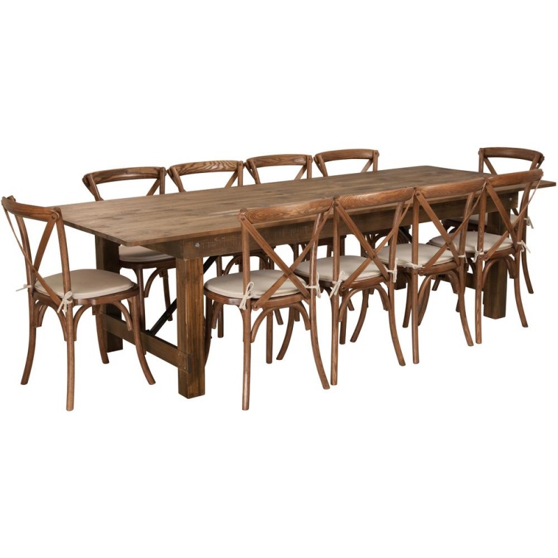 9'X40'' Antique Rustic Folding Farm Table Set-10 Cross Back Chairs And Cushions