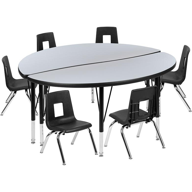 47.5" Circle Wave Collaborative Laminate Activity Table Set With 14" Student Stack Chairs, Grey/Black