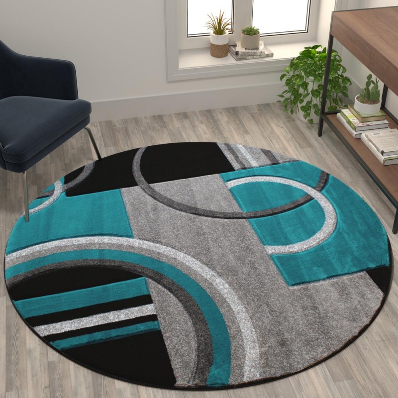 Audra Collection Round 5' X 5' Turquoise Abstract Area Rug - Olefin Rug With Jute Backing - Entryway, Living Room, Or Bedroom
