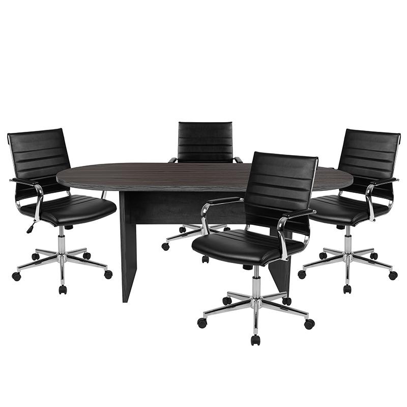 5 Piece Rustic Gray Oval Conference Table Set With 4 Black Leathersoft Ribbed Executive Chairs
