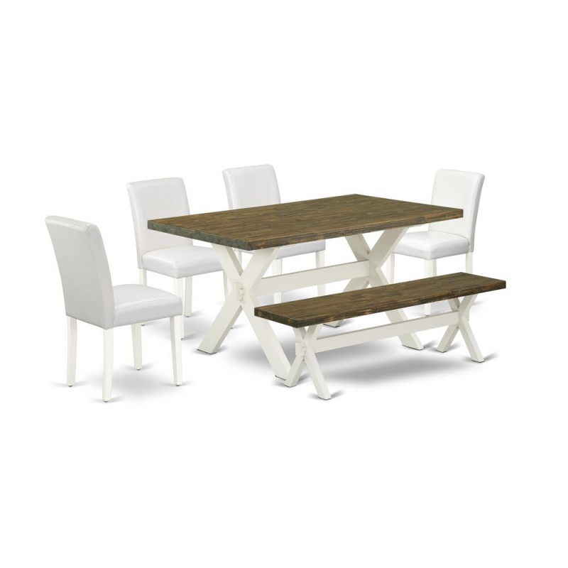 East West Furniture X076ab264-6 6-Piece Gorgeous Rectangular Table Set A Good Distressed Jacobean Wood Dining Table Top And Distressed Jacobean Dining Bench And 4 Stunning Pu Leather Parson Dining Cha