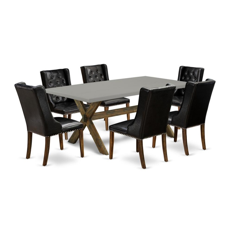 East West Furniture X797fo749-7 7 Piece Dining Room Table Set - 6 Black Pu Leather Parson Chairs Button Tufted With Nailheads And Wood Table - Distressed Jacobean Finish