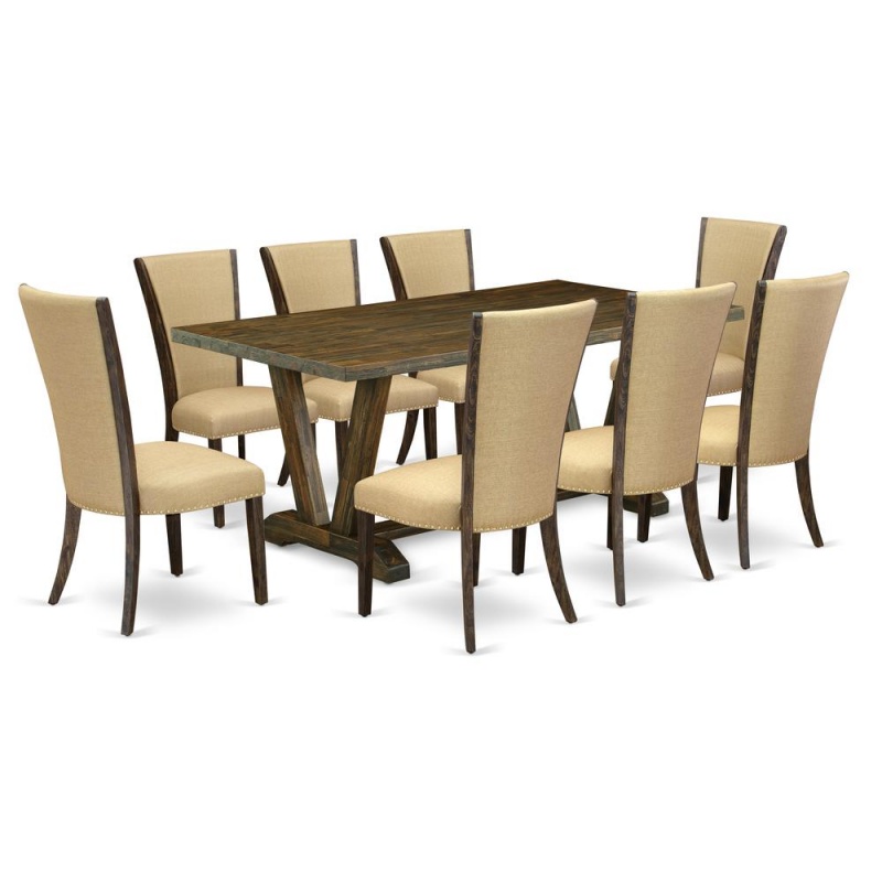 East West Furniture V777ve703-9 9Pc Kitchen Set Consists Of A Dinette Table And 8 Upholstered Dining Chairs With Brown Color Linen Fabric, Distressed Jacobean Finish