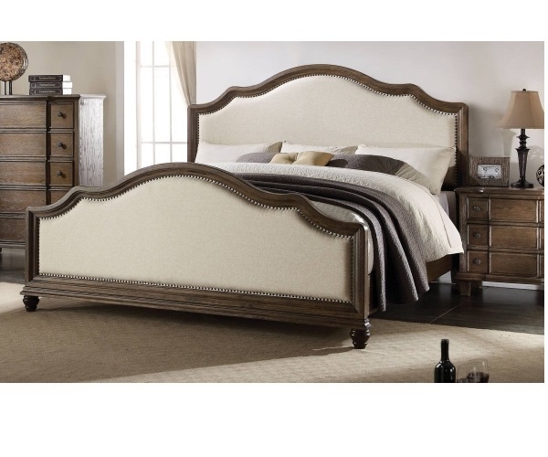 Baudouin California King Bed, Beige Linen & Weathered Oak (1Set/3Ctn)