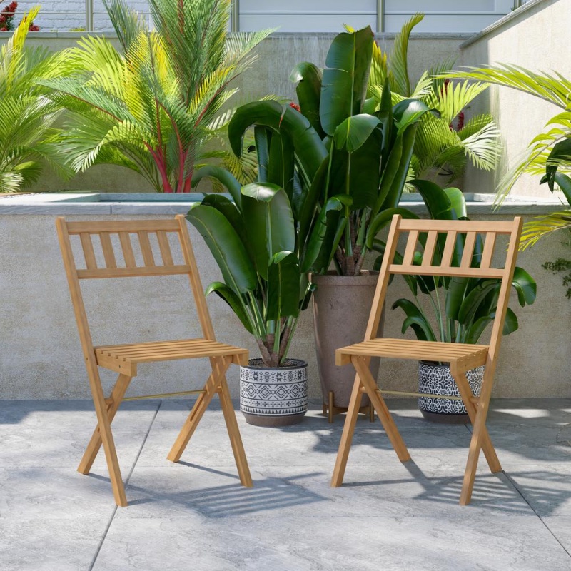 Martindale Indoor/Outdoor Folding Acacia Wood Patio Bistro Chairs With X Base Frame And Slatted Back And Seat In Natural Finish, Set Of 2