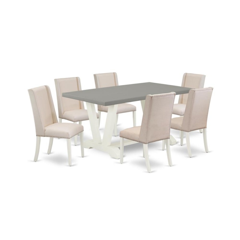 East West Furniture V096fl201-7 7-Piece Fashionable Dining Room Table Set An Outstanding Cement Color Kitchen Table Top And 6 Lovely Linen Fabric Kitchen Chairs With Nail Heads And Stylish Chair Back,