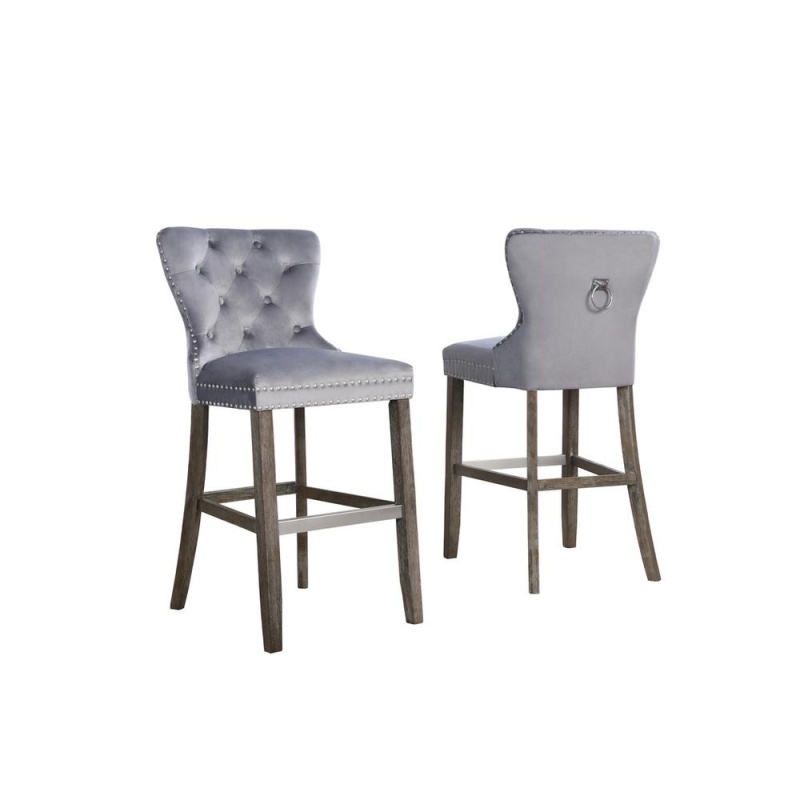 29" Tufted Velvet Upholstered Bar Stool In Weathered Grey, Set Of 2