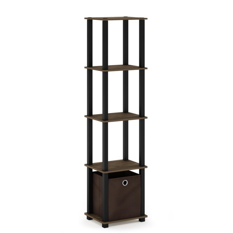 Furinno Tnt No Tools 5-Tier Display Decorative Shelf With One Bin, Columbia Walnut/Black/Dark Brown