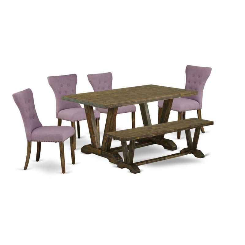 East West Furniture 6-Pc Kitchen Table Set-Dahlia Linen Fabric Seat And Button Tufted Chair Back Dining Chairs, A Rectangular Bench And Rectangular Top Modern Dining Table With Wood Legs - Distressed