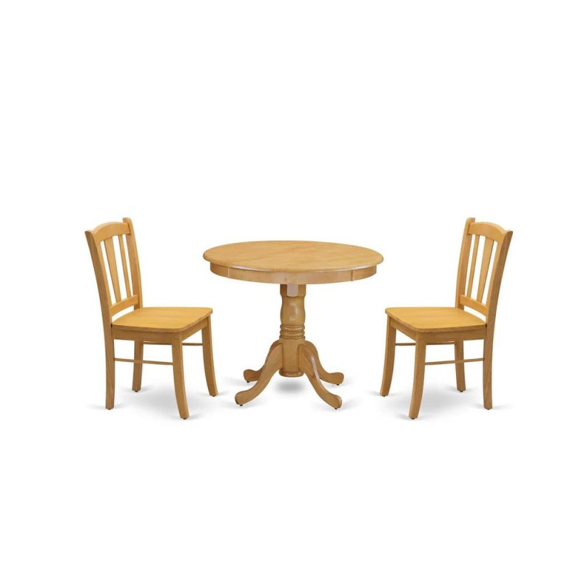 Andl3-Oak-W - 3-Piece Dinette Room Set- 2 Kitchen Dining Chair And Wooden Dining Table - Wooden Seat And Slatted Chair Back - Oak Finish