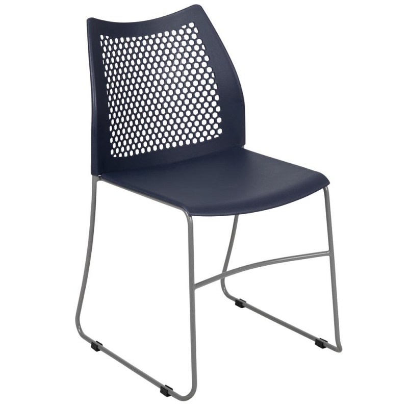 Flash Furniture Navy Stack Chair with Air-Vent Back and Gray Powder Coated Sled Base
