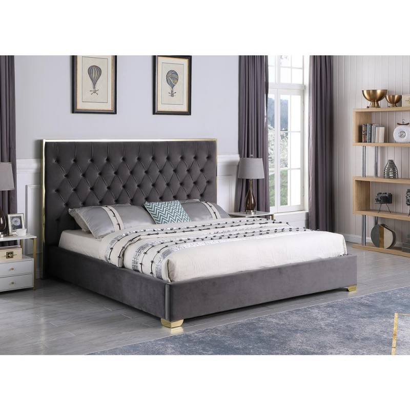 Kressa Velour Fabric Tufted Cali King Platform Bed In Dark Gray/Gold