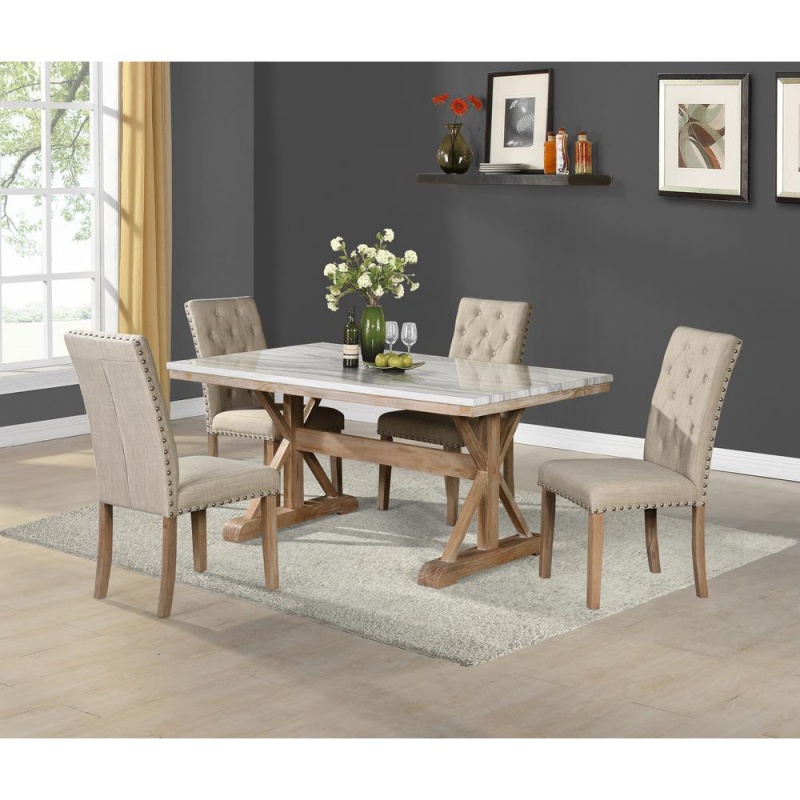 Classic 5 Piece Dining Set: Rustic Dining Table Faux Marble, 4 Linen Beige Chairs Tufted Buttons And Nailhead Trim