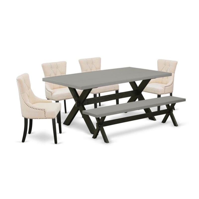 East West Furniture X697fr102-6 6-Pc Dinette Set - 4 Dining Chairs, A Small Bench Cement Top And 1 Modern Cement Dining Table Top With Button Tufted Chair Back - Wire Brushed Black Finish