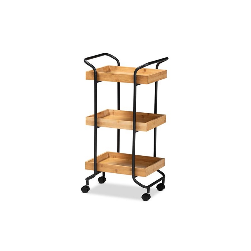 Baxton Studio Baxter Modern And Contemporary Oak Brown Finished Wood And Black Metal 3-Tier Mobile Kitchen Cart