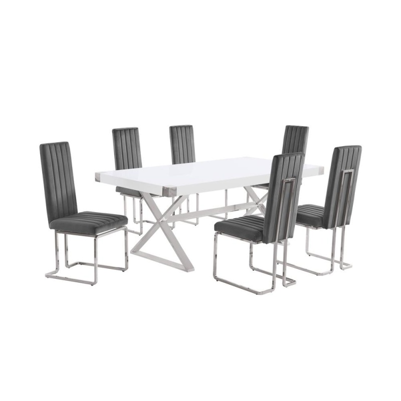 7Pc Small(78") White Wood Top Dining Set With Silver Base And 6 Chiars